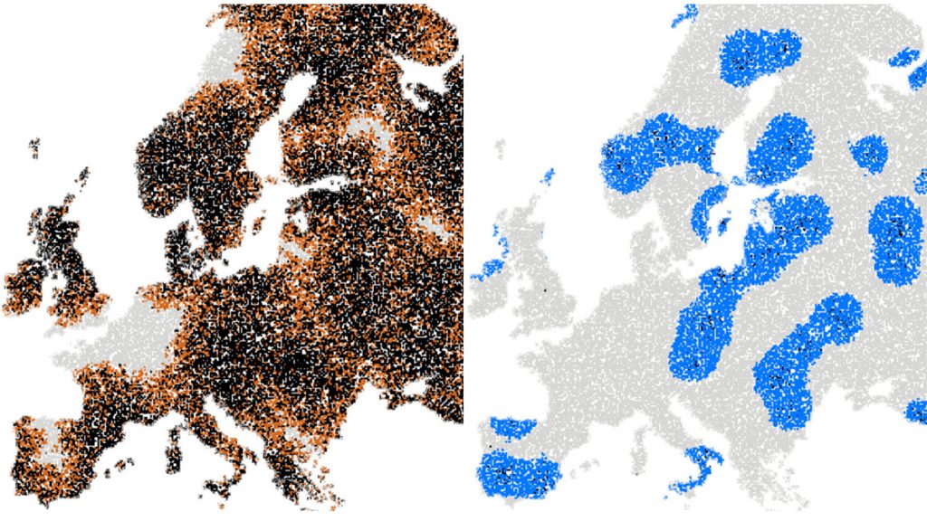 Bild som visar två Europakartor över ett simulerat utbrott av en pandemi.
