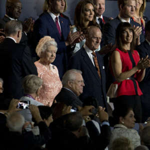 120727 2012 Olympics, Opening: The Queen of England, Elizabeth II, The Queen, Jacques Rogge, International Olympic Committee.  © Bildbyrån - 98075 - Photo: Nils Jakobsson / Bildbyrån