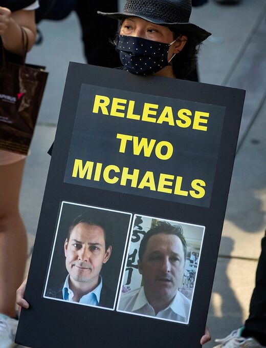 A demonstration for the release of Michael Kovrig and Michael Spavor in Hong Kong 2020. The two were released in China on Friday.