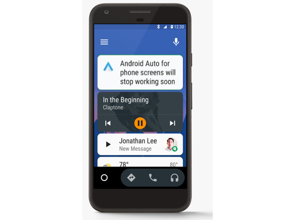 Google puts Android Auto on the phone screen.  Snicket.