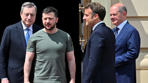 From left: Mario Draghi, Volodymyr Zelensky, Emmanuel Macron, Olaf Scholz.